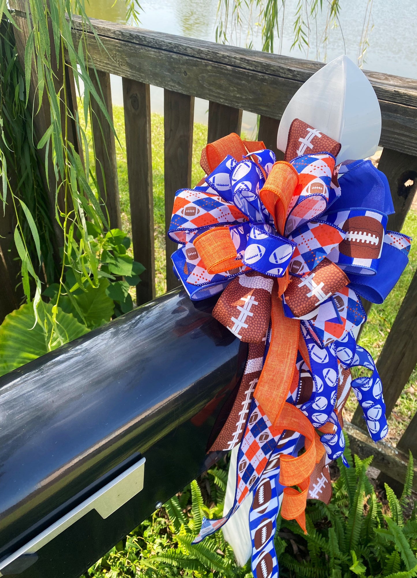 Football Bow in Orange Blue and White. Perfect for Mailbox, Door, and Wreath.