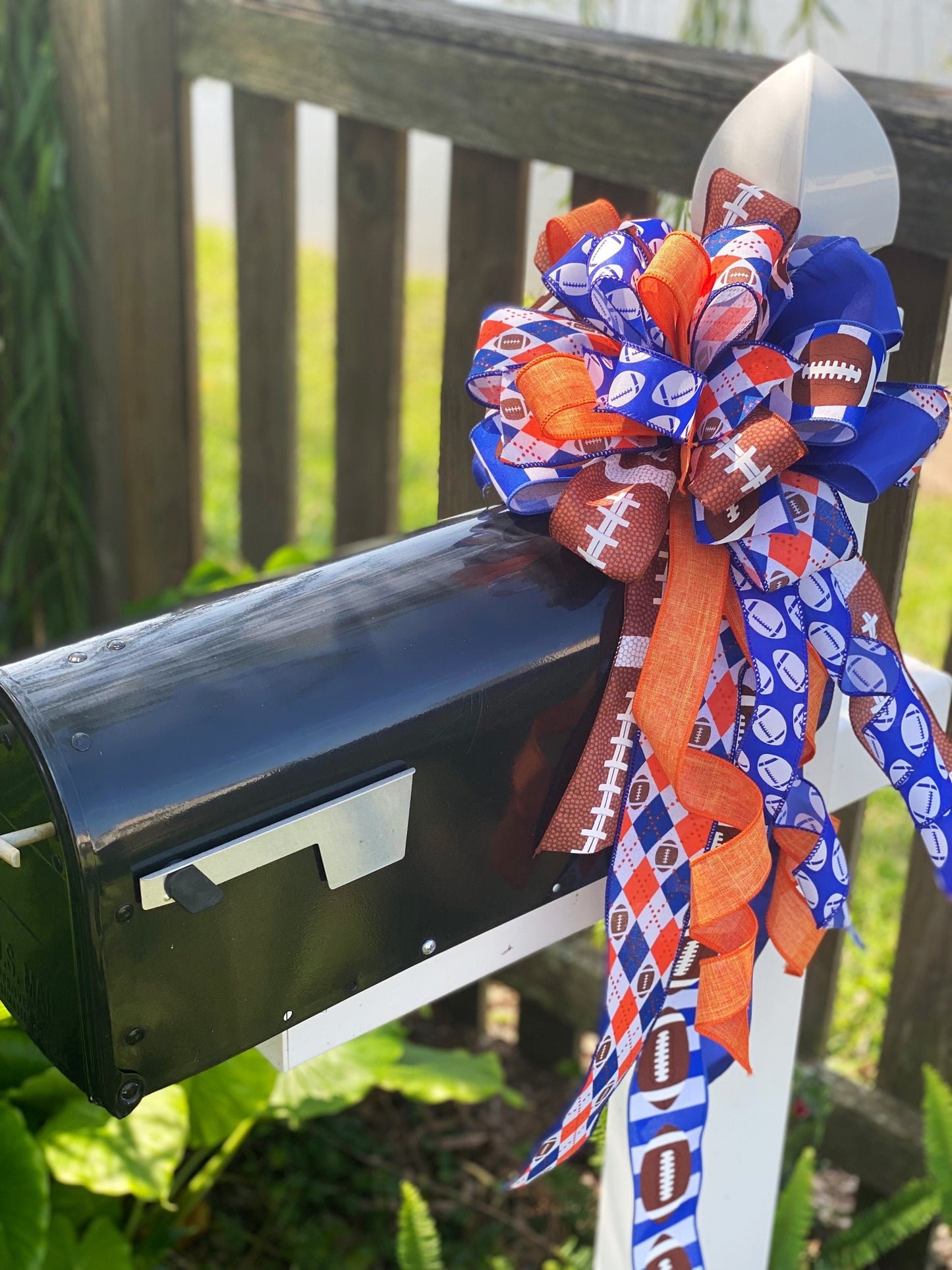 Football Bow in Orange Blue and White. Perfect for Mailbox, Door, and Wreath.