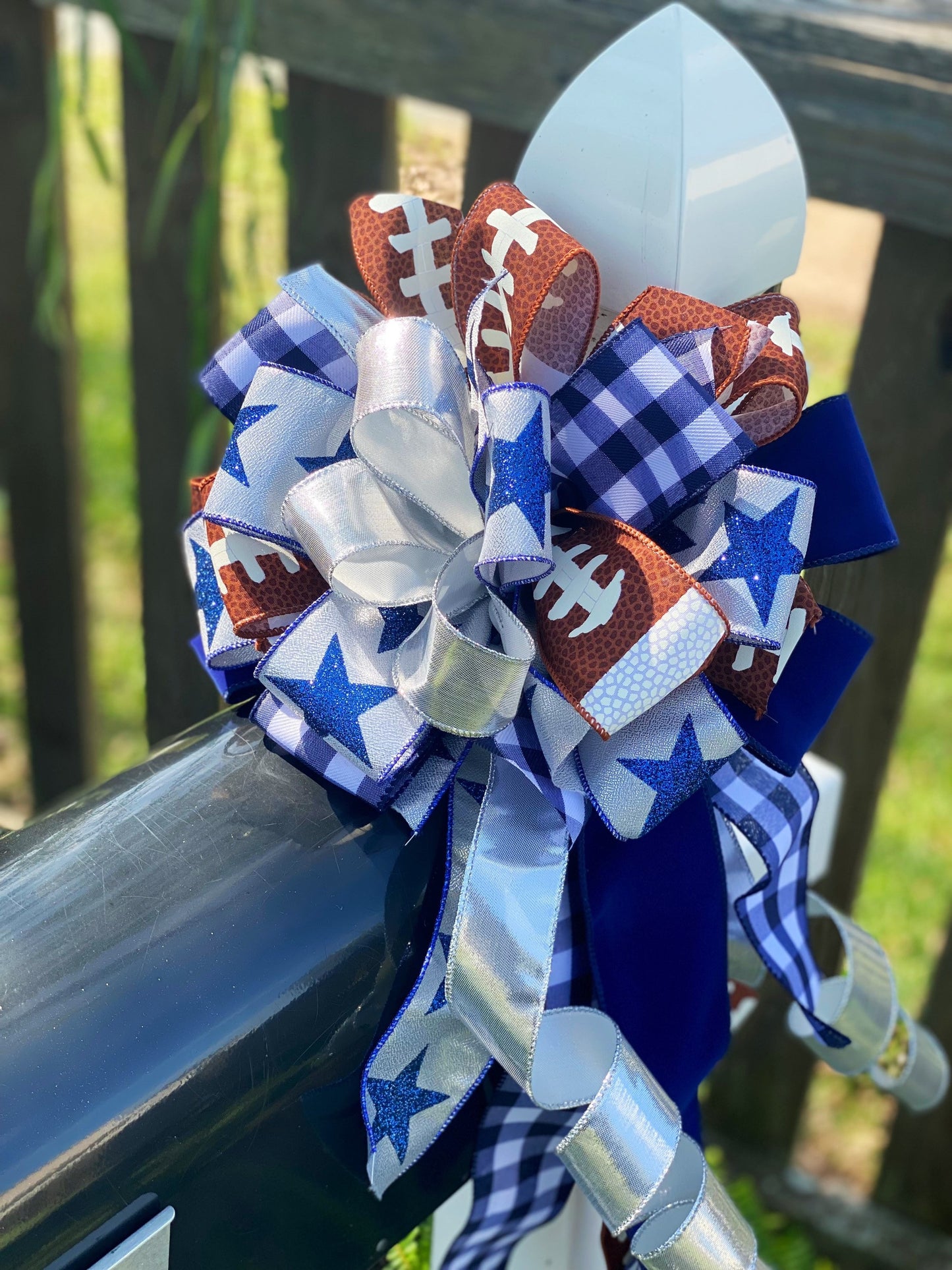 Sports Collection - Sports,Sports Bow,Football Decor,Blue White Bow,Sports Ribbon,Football,Football Bow,Wreath Bow,Game Day,Silver Bow,Blue