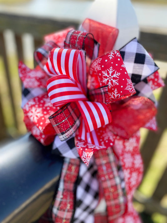 Winter Collection- Red and White Bow, Snowflake Bow, Winter Bow, Snowflakes, Winter, Large Bow, Mailbox Bow, Wreath Bow, Gift Bow
