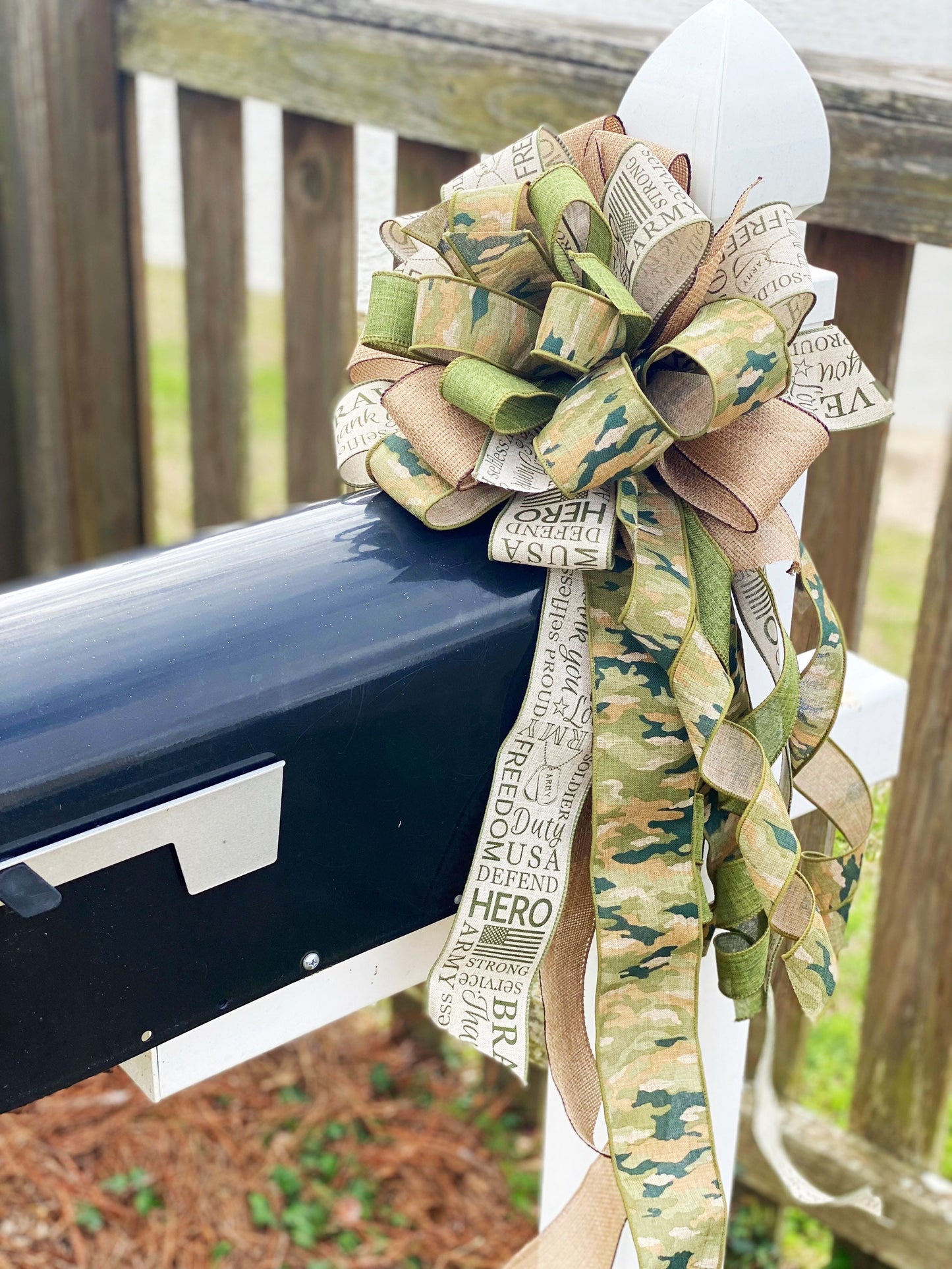 Army Camouflage Bow Featuring 'Hero' Print Ribbon. Perfect for Mailbox, Door, and Wreath.