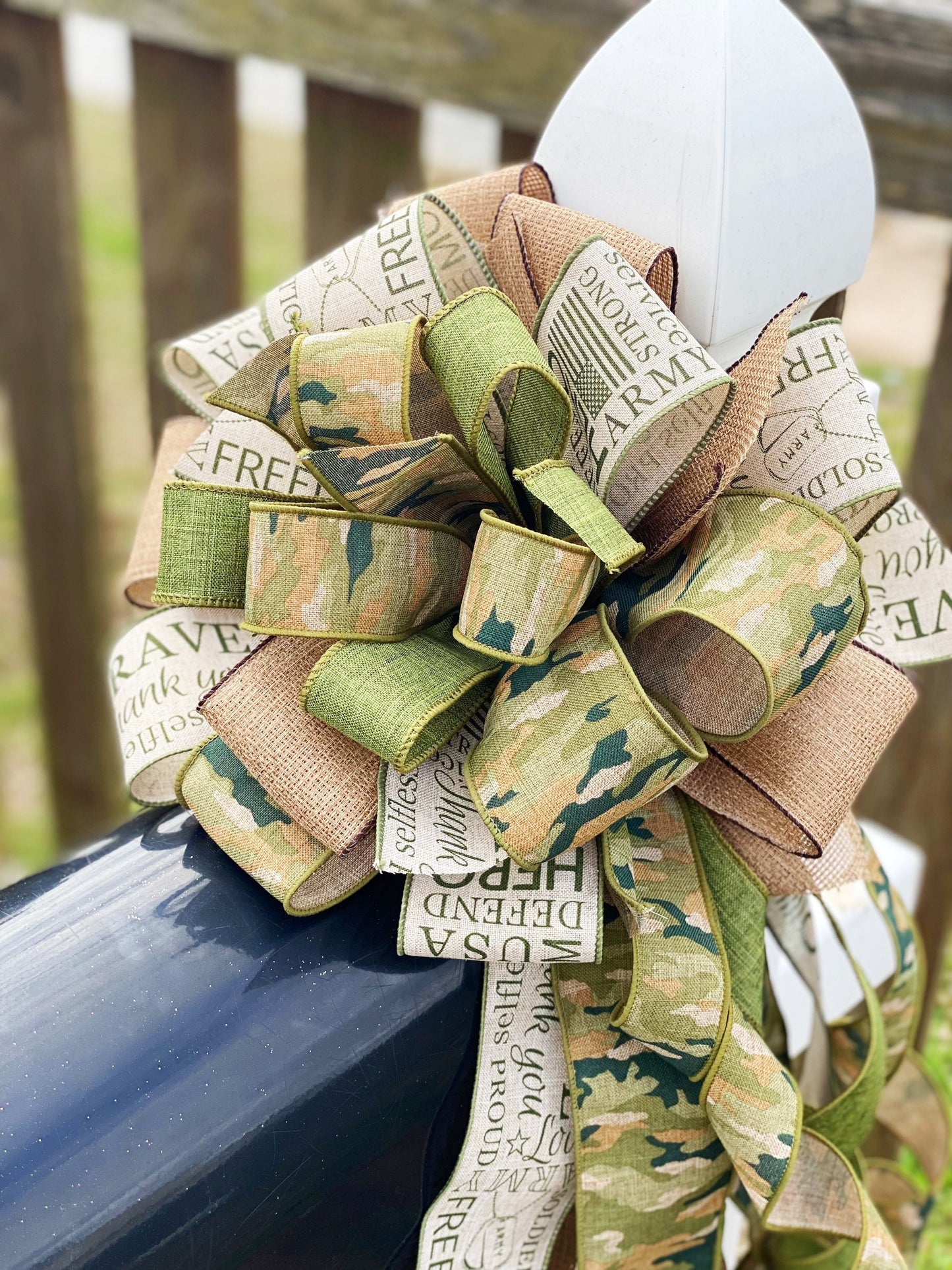 Army Camouflage Bow Featuring 'Hero' Print Ribbon. Perfect for Mailbox, Door, and Wreath.