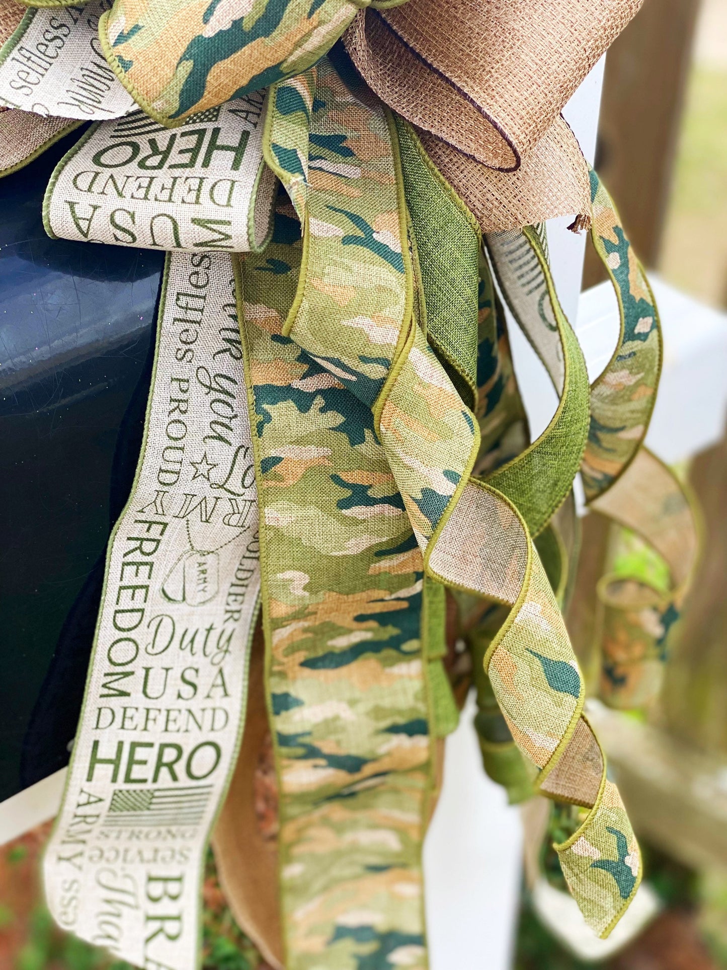 Army Camouflage Bow Featuring 'Hero' Print Ribbon. Perfect for Mailbox, Door, and Wreath.