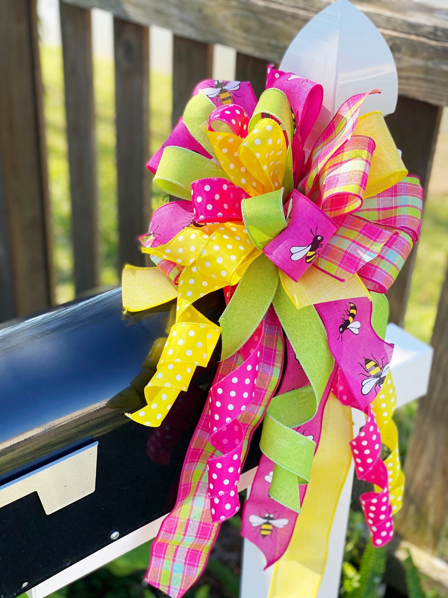 Spring Bow in Pink, Yellow, & Light Green Featuring Bumble Bees. Perfect for mailbox, door, and Wreath.