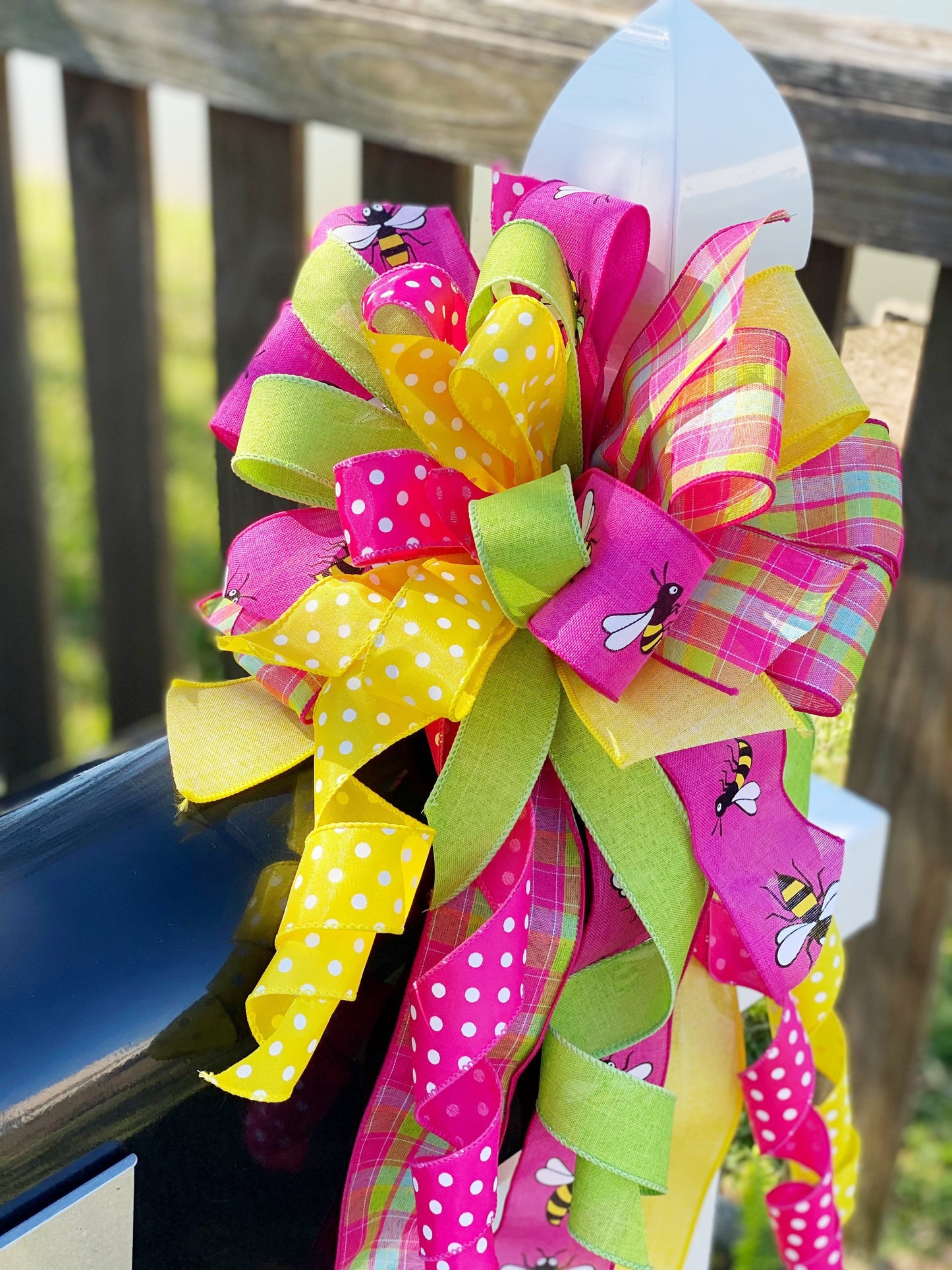 Spring Bow in Pink, Yellow, & Light Green Featuring Bumble Bees. Perfect for mailbox, door, and Wreath.