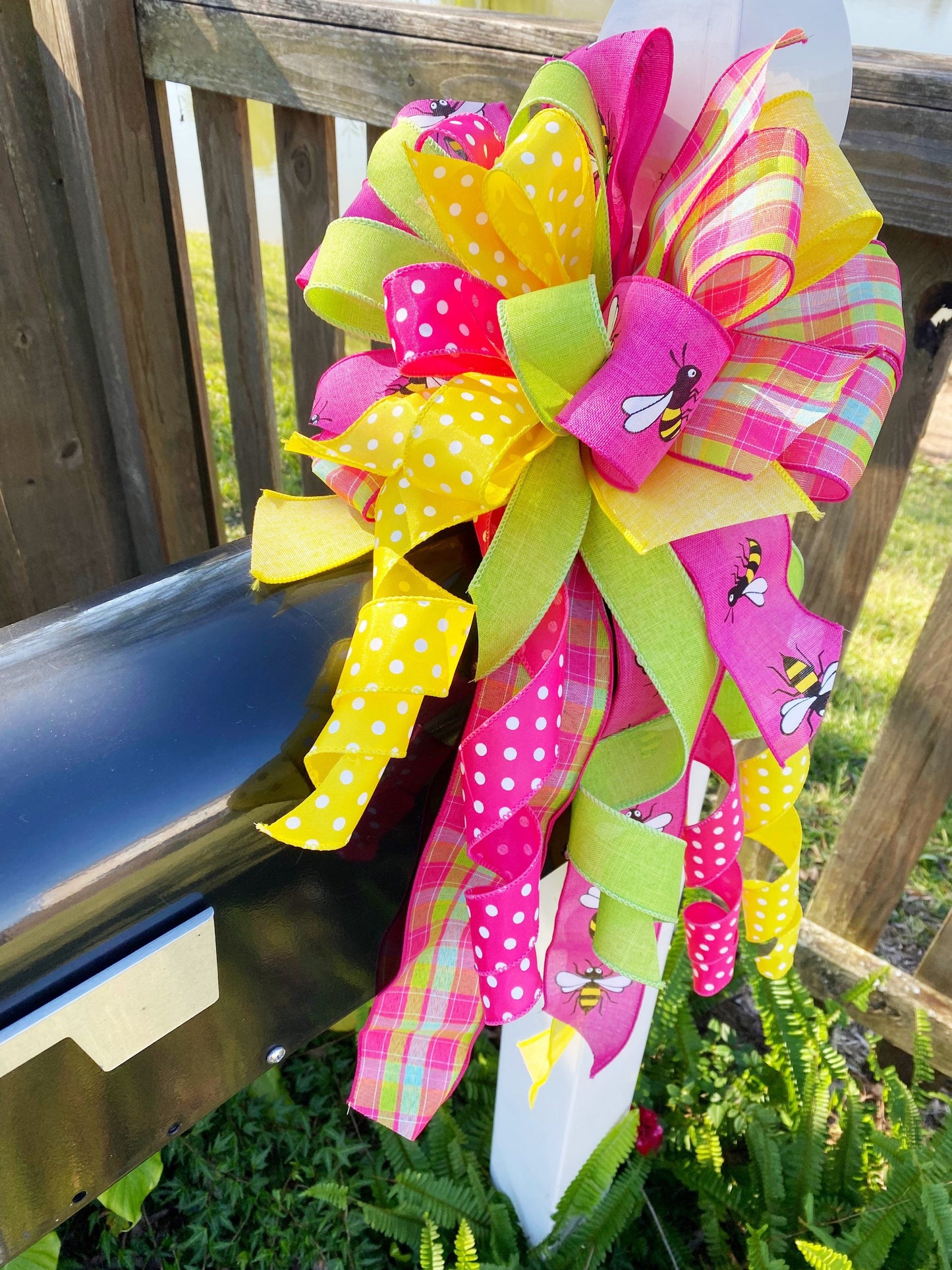 Spring Bow in Pink, Yellow, & Light Green Featuring Bumble Bees. Perfect for mailbox, door, and Wreath.