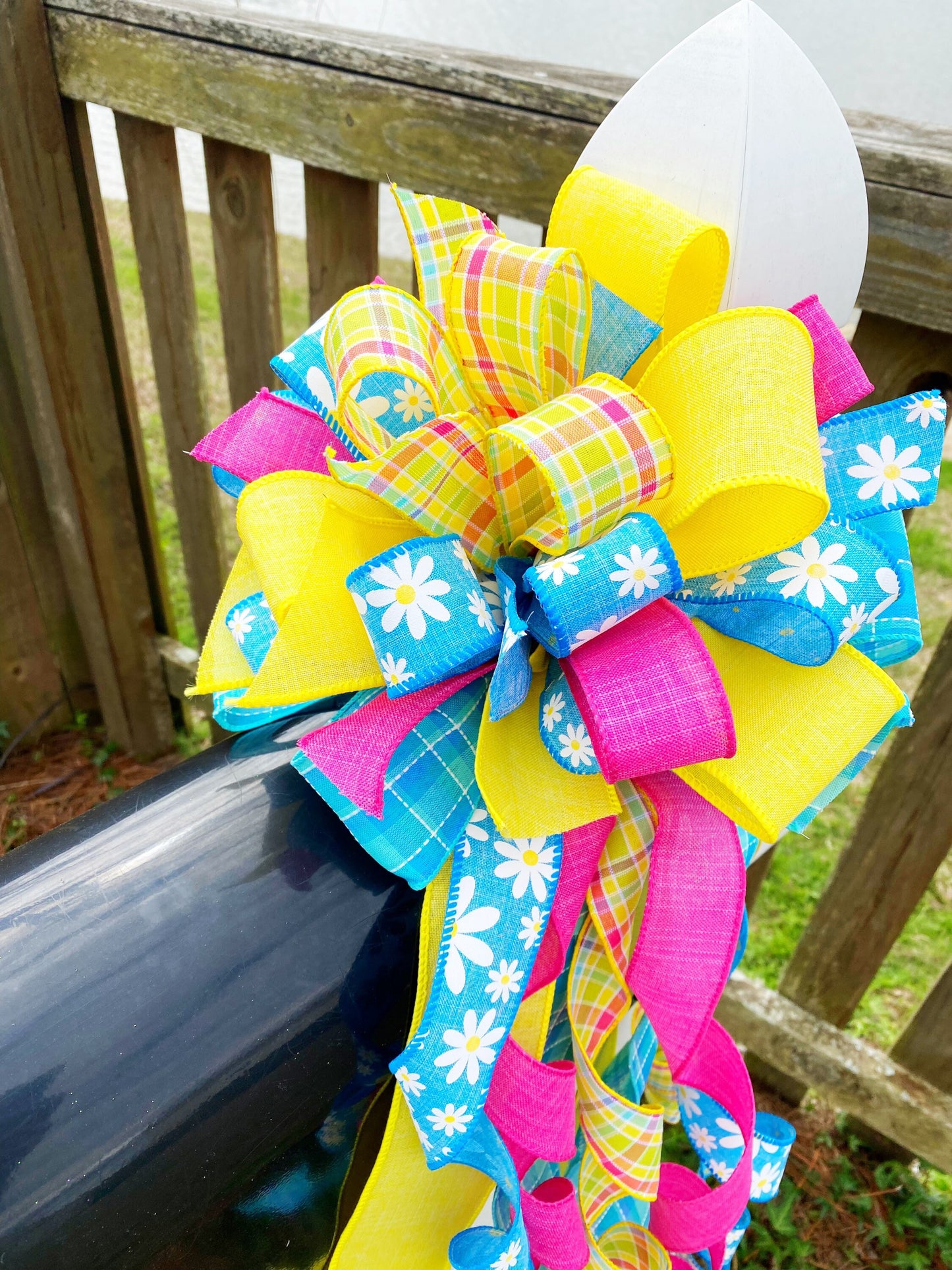 Spring & Summer Bow in Yellow, Pink, and Light Blue Featuring Daisies. Perfect for Mailbox, Door, and Wreath.