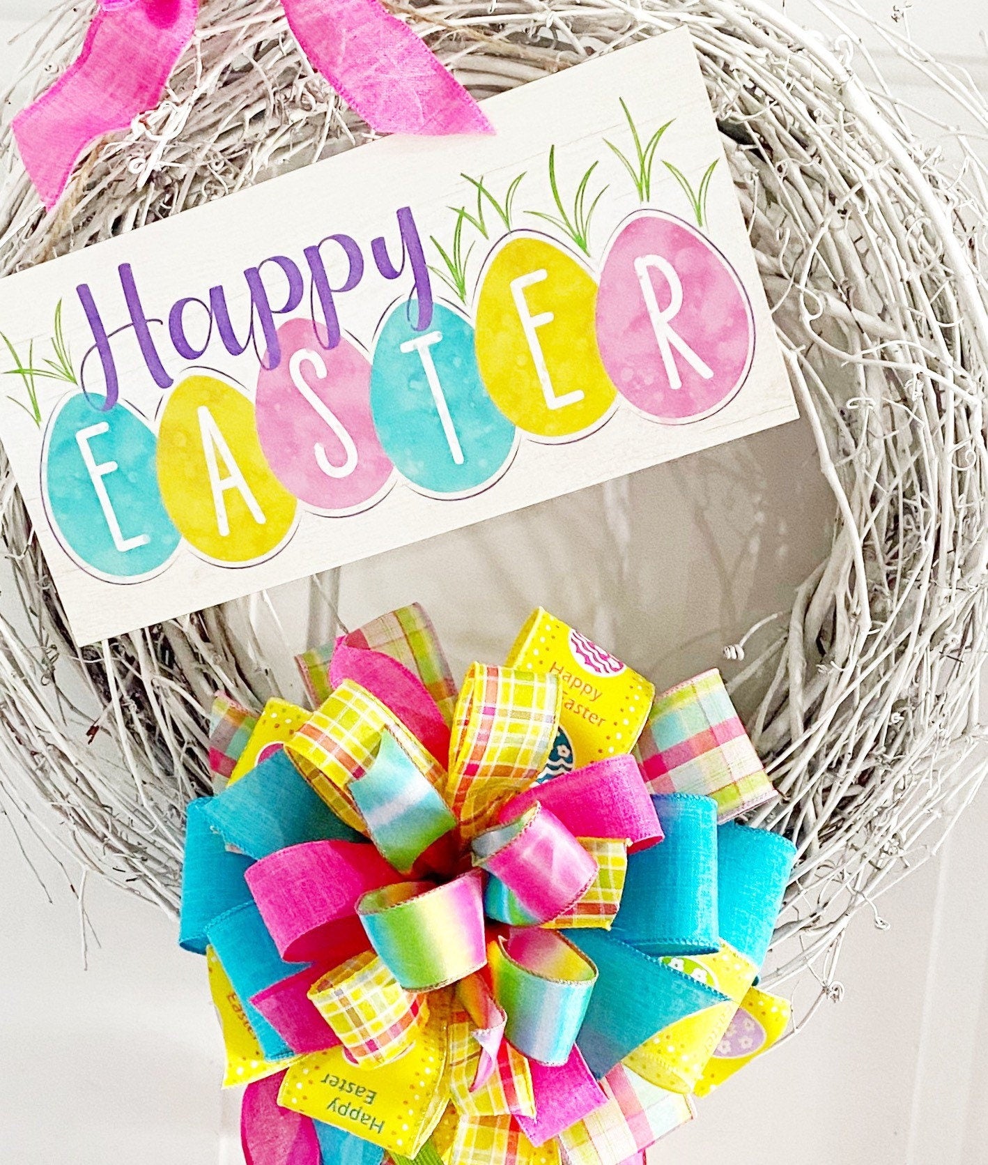 Easter Set including Teal, Yellow, & Pink Multi Pattern Bow with Happy Easter Plaque.