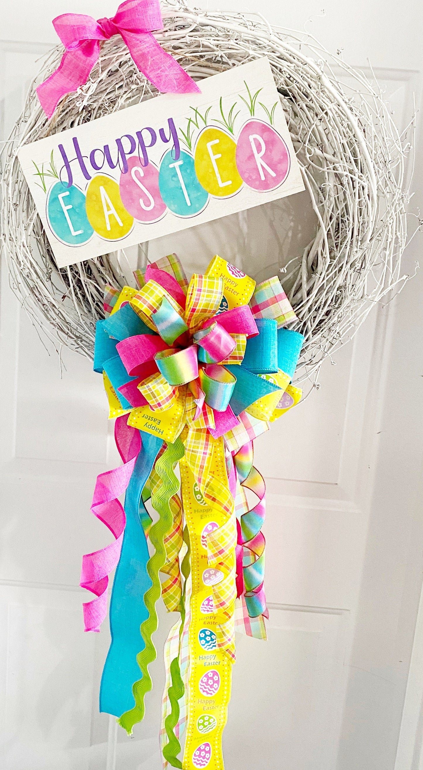 Easter Set including Teal, Yellow, & Pink Multi Pattern Bow with Happy Easter Plaque.