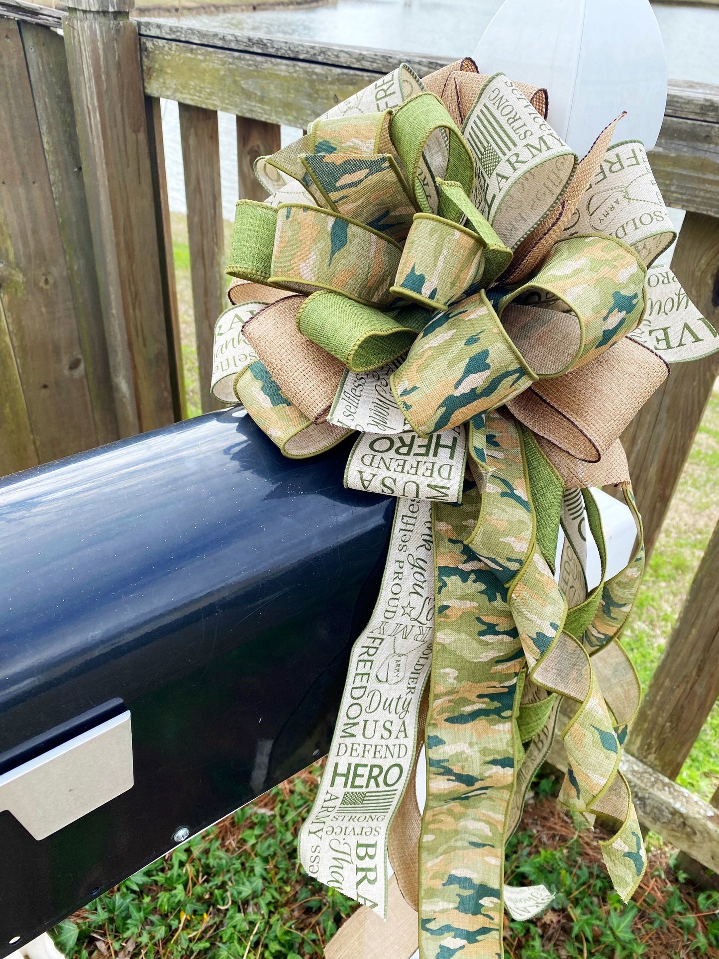 Army Camouflage Bow Featuring 'Hero' Print Ribbon. Perfect for Mailbox, Door, and Wreath.