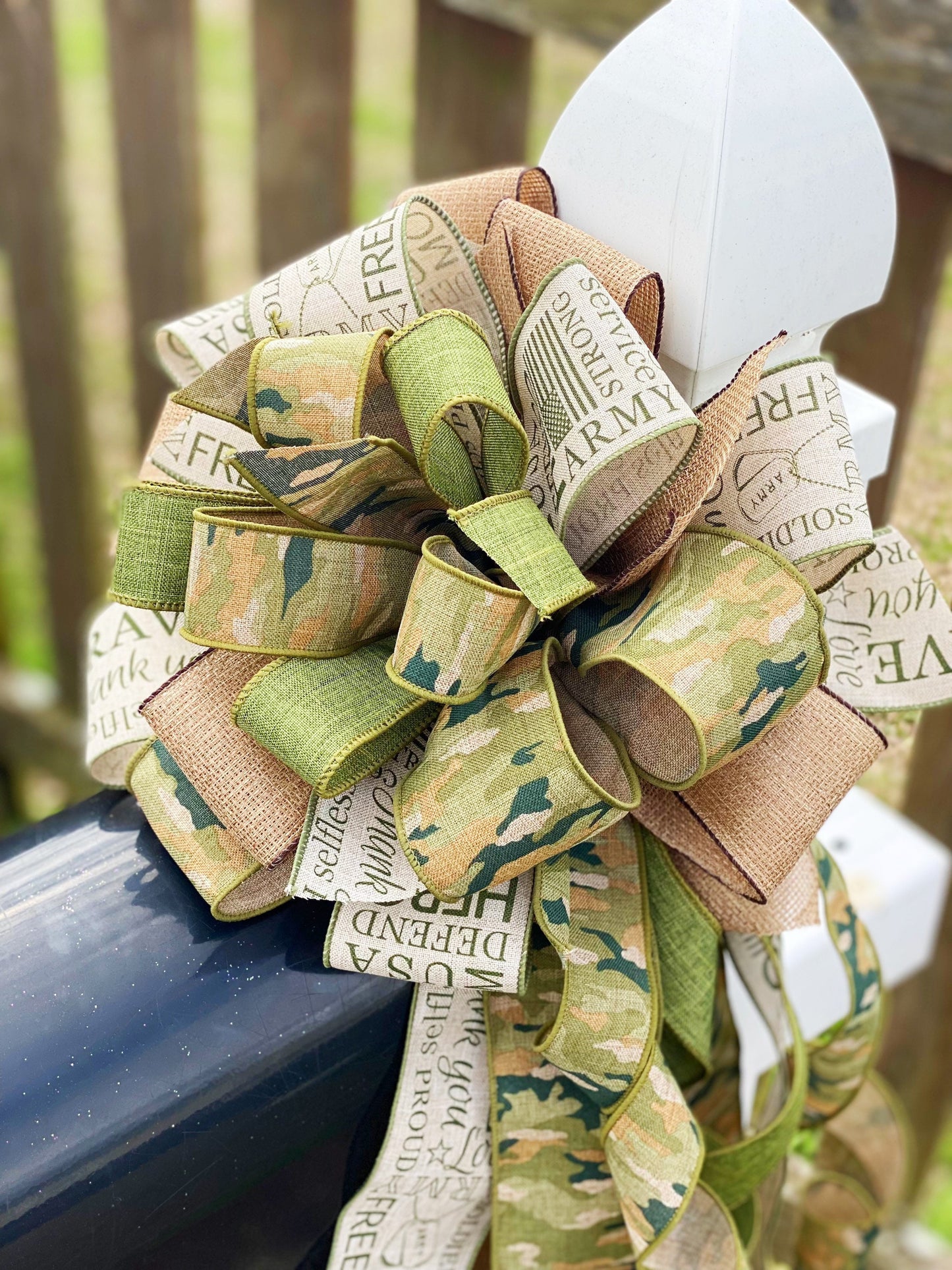 Army Camouflage Bow Featuring 'Hero' Print Ribbon. Perfect for Mailbox, Door, and Wreath.