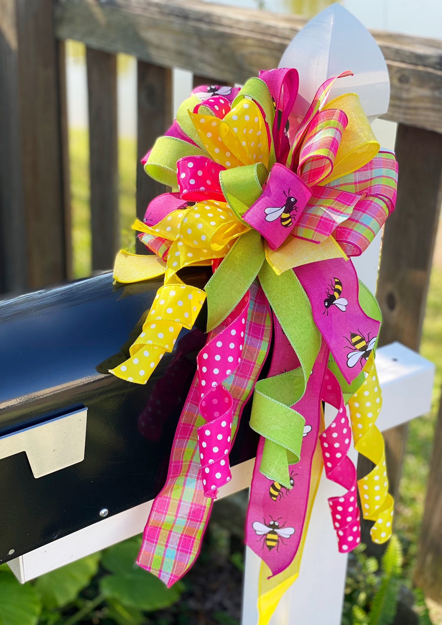 Spring Bow in Pink, Yellow, & Light Green Featuring Bumble Bees. Perfect for mailbox, door, and Wreath.