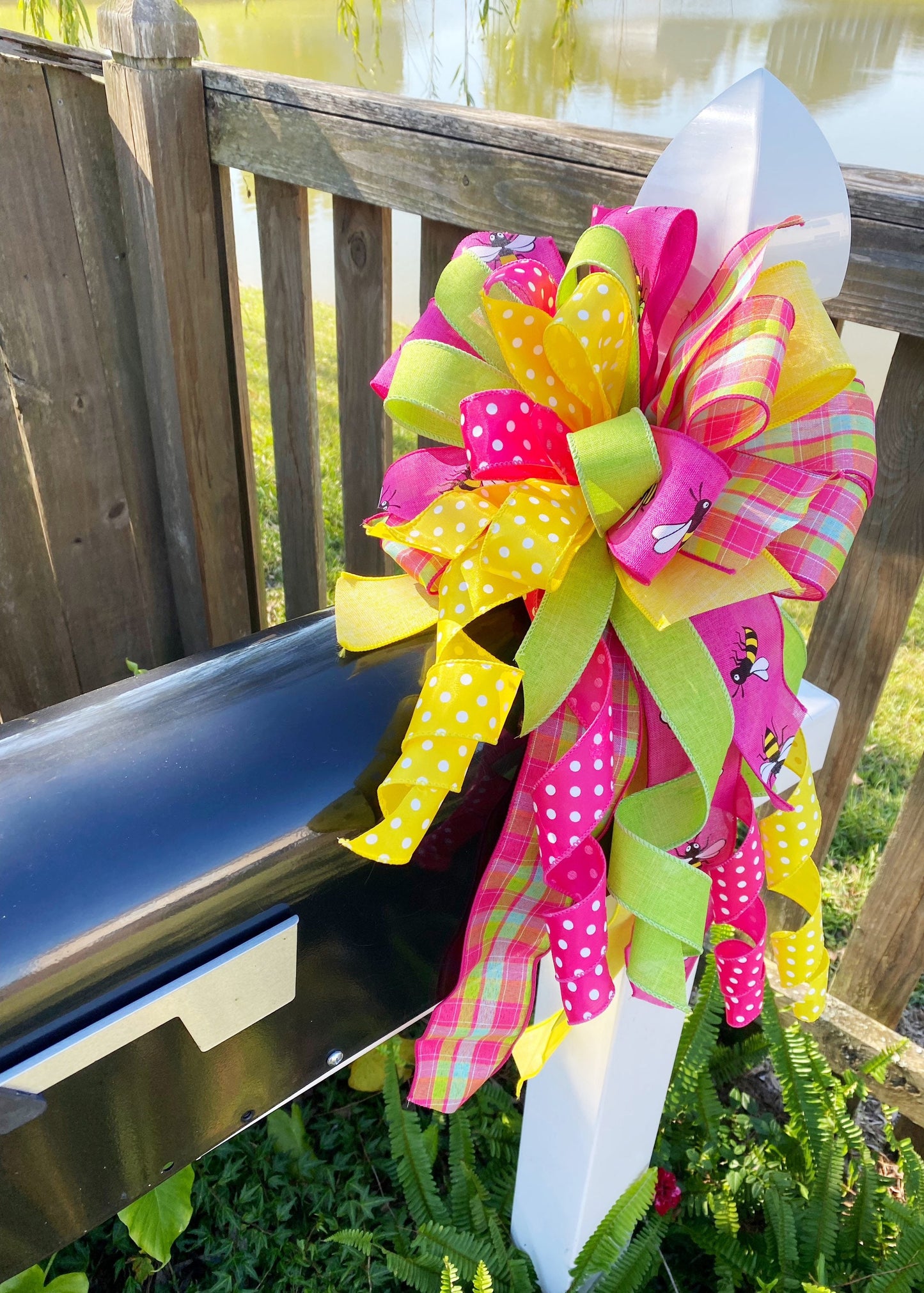 Spring Bow in Pink, Yellow, & Light Green Featuring Bumble Bees. Perfect for mailbox, door, and Wreath.