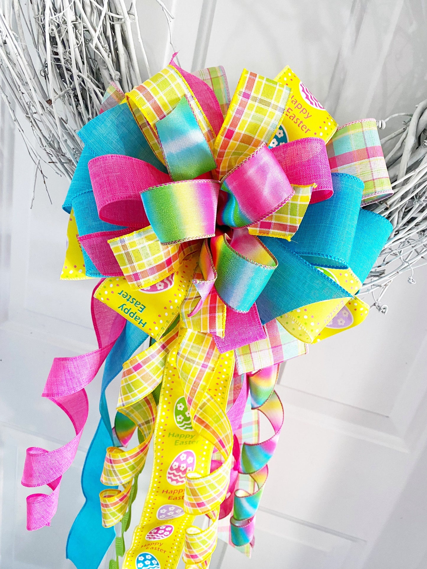 Easter Set including Teal, Yellow, & Pink Multi Pattern Bow with Happy Easter Plaque.